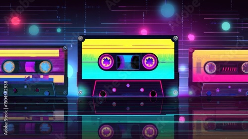 Retro electronic music background 80s style neon colors synthesizer silhouettes cassette tapes digital noise nostalgia retro futuristic style
