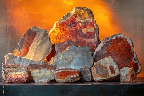 A collection of beautifully patterned and colored rock slices are arranged to showcase their unique geological formations.