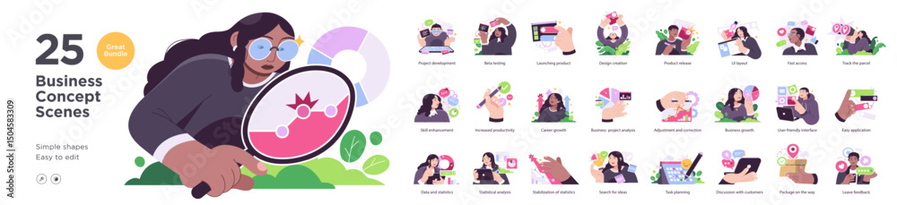 Naklejka premium Collection of 25 modern business-themed illustrations showcasing development, planning, UI/UX, productivity, logistics, analysis, and communication.