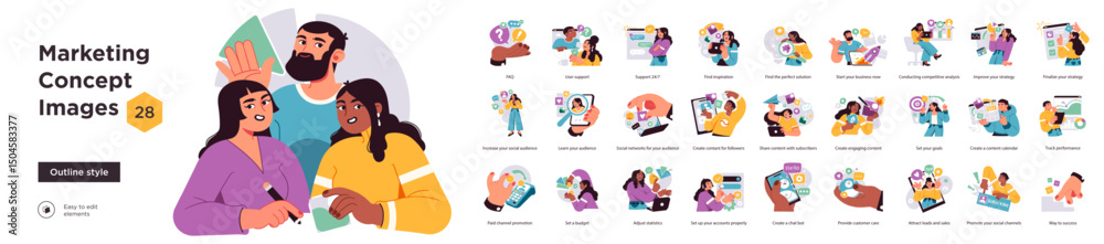 Obraz premium Vector illustrations set focused on marketing concepts including digital promotion, content creation, analytics, social media, and audience growth.