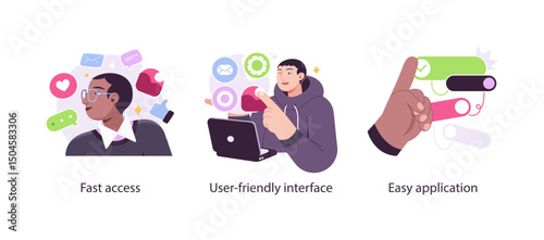 Illustration showing modern user interface benefits like fast access, intuitive design, and simple functionality using vibrant visuals and icons.
