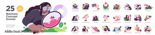 Collection of 25 modern business-themed illustrations showcasing development, planning, UI/UX, productivity, logistics, analysis, and communication.