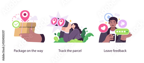 Illustration showing steps in online delivery process including package tracking, parcel arrival, and leaving customer feedback via mobile.