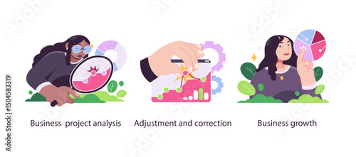 Illustration showing business performance review, adjustment of metrics, and strategic actions for sustainable project and revenue growth.