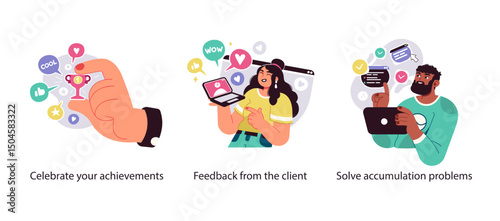 Illustration set showing key freelance activities including celebrating success, receiving client feedback, and resolving accumulated project issues.