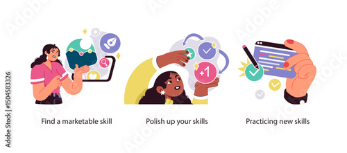 Illustration set highlighting the process of finding marketable skills, enhancing existing abilities, and practicing new skills through hands-on effort.