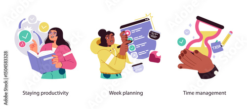 Illustration set showing methods for improving productivity through effective weekly planning, time management, and maintaining task focus.