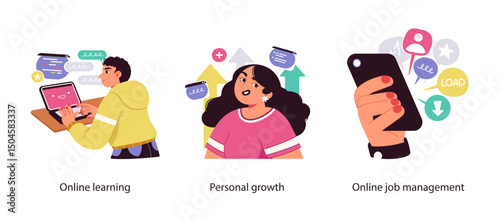 Illustration set showing online education, personal development, and digital job management for freelancers and remote professionals.