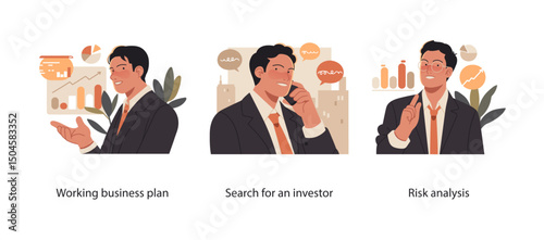 Illustration set depicting essential startup processes including drafting a business plan, investor outreach, and evaluating financial and market risks.
