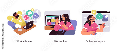 Illustration set showing different aspects of remote work including working from home, virtual meetings, and using online collaboration platforms.