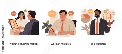 Illustration set depicting stages of project development including presenting plans, correcting errors, and launching with final analytics and charts.