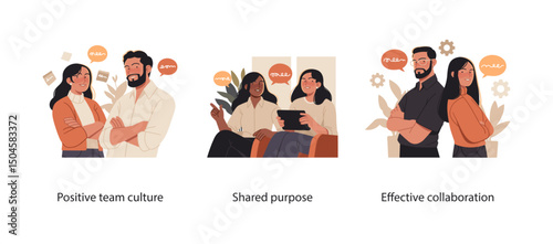 Illustration set highlighting essential elements of team success including positive culture, shared vision, and effective collaboration among colleagues.