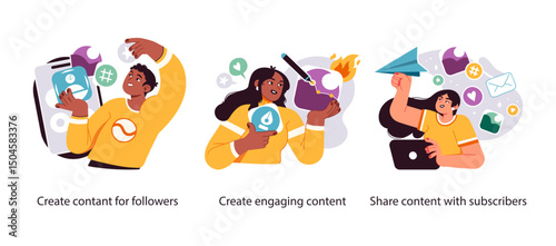 Illustration showing digital marketers creating content, designing engaging posts, and distributing media to followers and subscribers online.