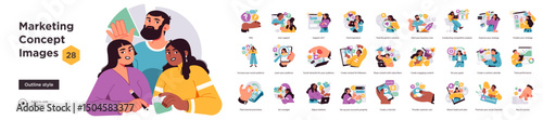 Vector illustrations set focused on marketing concepts including digital promotion, content creation, analytics, social media, and audience growth.