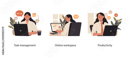 Set of illustrations showing a woman managing tasks, working online, and boosting productivity in a digital workspace.