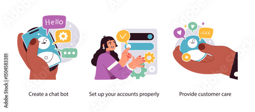 Vector illustrations showing chatbot creation, account setup, and digital tools for providing efficient online customer support and service.
