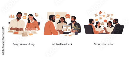 Illustration set showing coworkers in teamwork, sharing feedback, and having group discussions to improve collaboration.