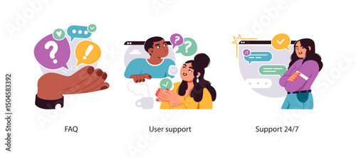 Illustration set representing FAQ assistance, live user support, and 24/7 customer service for digital platforms and websites.