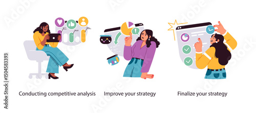Illustration showing steps of business strategy development: conducting analysis, making improvements, and finalizing strategic decisions.
