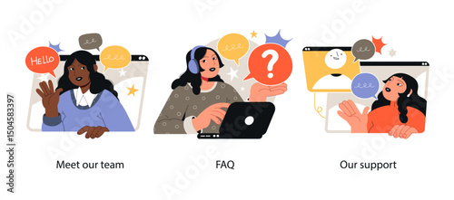 Illustration showing online support team, FAQ service, and customer assistance through virtual communication and help channels.
