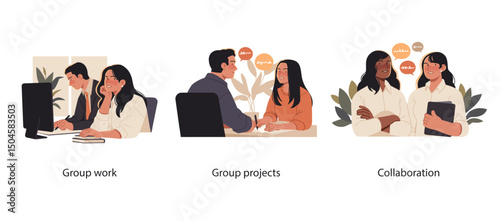 Illustration set of professionals engaging in teamwork, discussing group projects, and collaborating on tasks in a modern office environment.