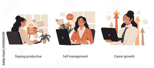 Illustration set showing professional women working efficiently, managing tasks independently, and advancing their careers with clear focus and determination.