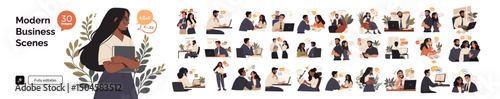 Fully editable vector set of 30 modern business illustrations featuring diverse professionals in work settings, collaboration, planning, and productivity.
