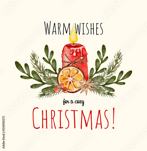 Watercolor greeting card with a candle and festive elements for Christmas holiday. Vector illustration