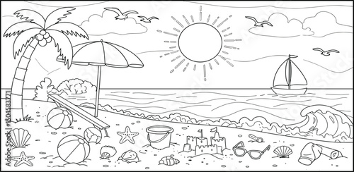 fun design with summer beach items like palm trees, a ball, an umbrella and more, coloring page. you can print it on standard