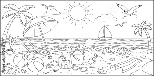 fun design with summer beach items like palm trees, a ball, an umbrella and more, coloring page. you can print it on standard