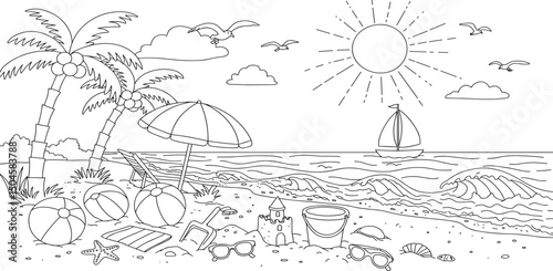 fun design with summer beach items like palm trees, a ball, an umbrella and more, coloring page. you can print it on standard