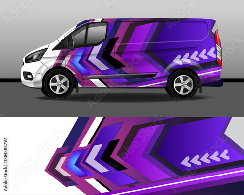 Vector design of delivery van. Car sticker. Car design development for company. Abstract background with purple stripes and arrows for vinyl car sticker.