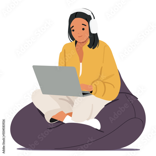 Young man cartoon character wearing headphones sitting with laptop computer on soft bag chair