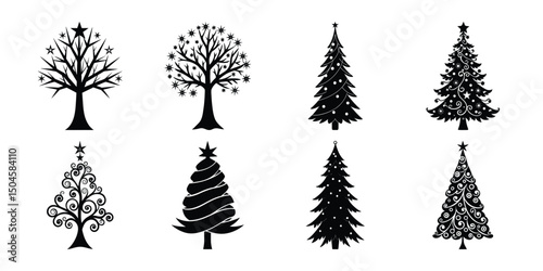set of christmas trees silhouette on white background