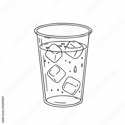 Transparent plastic cup with ice cubes and water inside  
