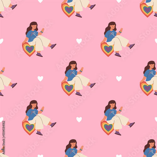 Seamless Pattern LGBT Women Lesbian on Rainbow Heart on pink background. Pride Month. LGBTQ community, Celebration, Parade, love, support, acceptance. Holiday backdrop. Vector illustration