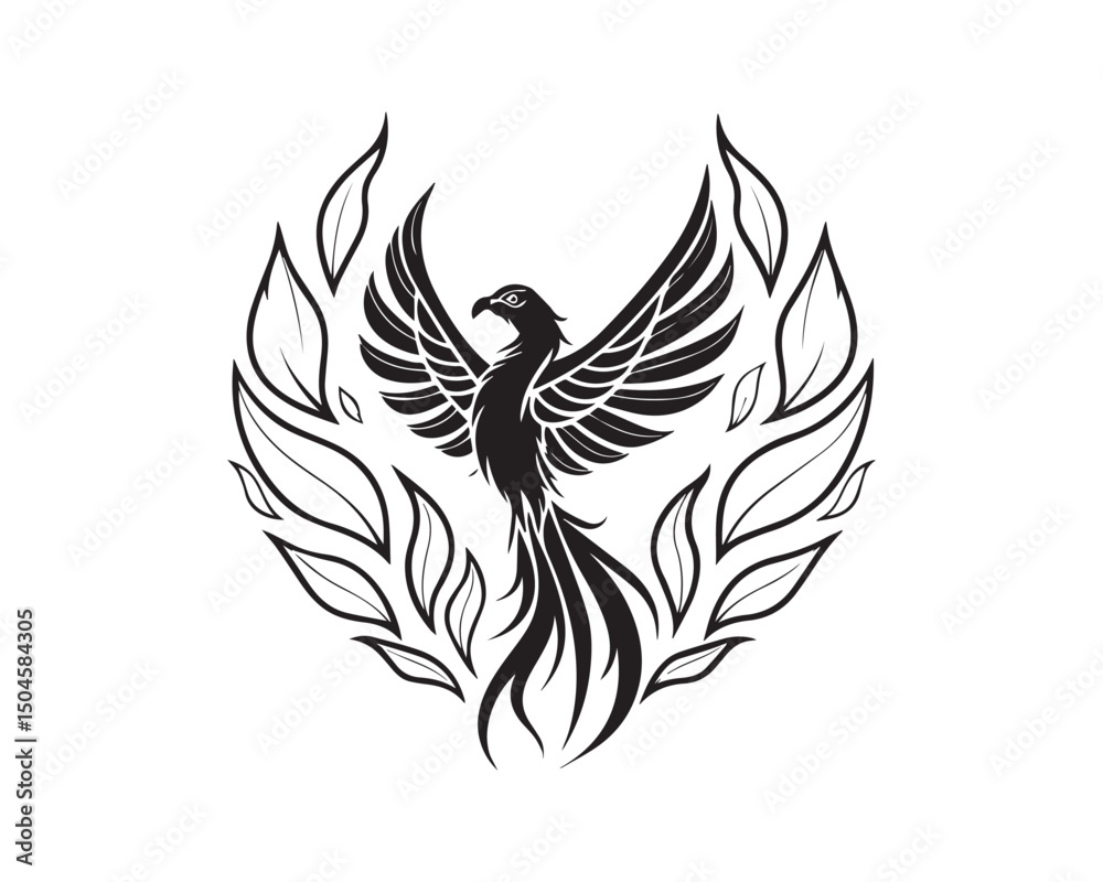 Obraz premium Phoenix Bird in Decorative Tribal Style – Black and White Vector with Wings and Laurel Leaves