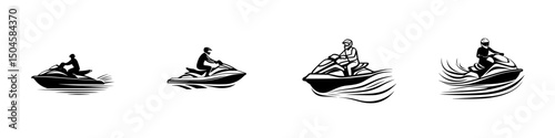 Vector illustration of people riding jet skis in various action poses on a water surface