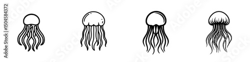 Vector illustration of various jellyfish designs showcasing unique shapes and tentacle styles in a minimalist style