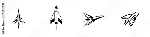 Vector illustration icons of various rocket designs showcasing speed and technology in a minimalist style