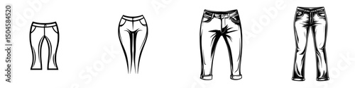 Stylized vector illustration of various pant styles including skinny, straight, and casual designs for versatile fashion representation
