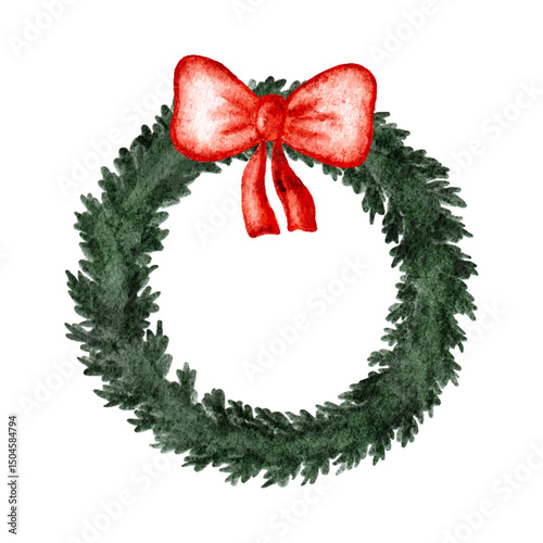 Beautiful Christmas wreath with a red bow for holiday decorations. Vector illustration