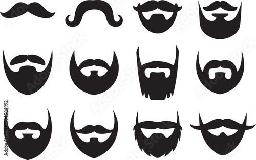 Set of various Black and White moustache and beard styles, Men's fashion, barbershop, and Character Designs