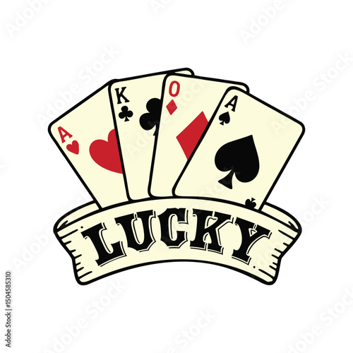 Lucky Casino tattoo design with playing cards, ace, king and queen, ribbon banner, isolated on white background