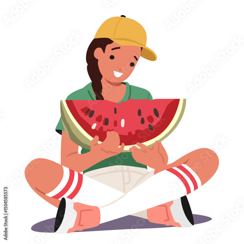 Pretty teenage girl cartoon characters eating watermelon berry holding sweet juicy slice in hands