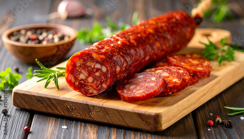 Spicy chorizo sausage on wooden board. Tasty meat food. Delicious snack. Cooking and culinary