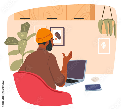 Man cartoon character working online using laptop computer at cozy home office workspace scene