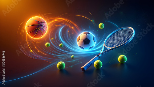 Dynamic composition of basketball soccer and tennis equipment with energetic glowing effects