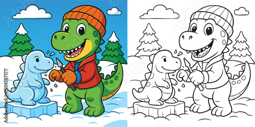Cute Cartoon Dinosaur Ice Sculptor Coloring Page Winter-Themed Black and White Line Art for Kids