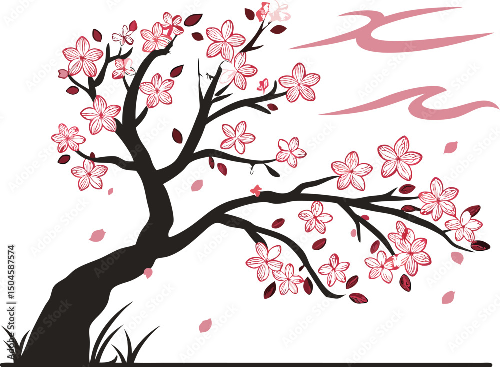 Fototapeta premium Cherry Blossom Tree Vector with Blooming Flowers and Stylized Sun